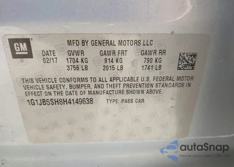 2017 Chevrolet Sonic Ls z USA, uszkodzony, nr VIN 1G1JB5SH8H4149638